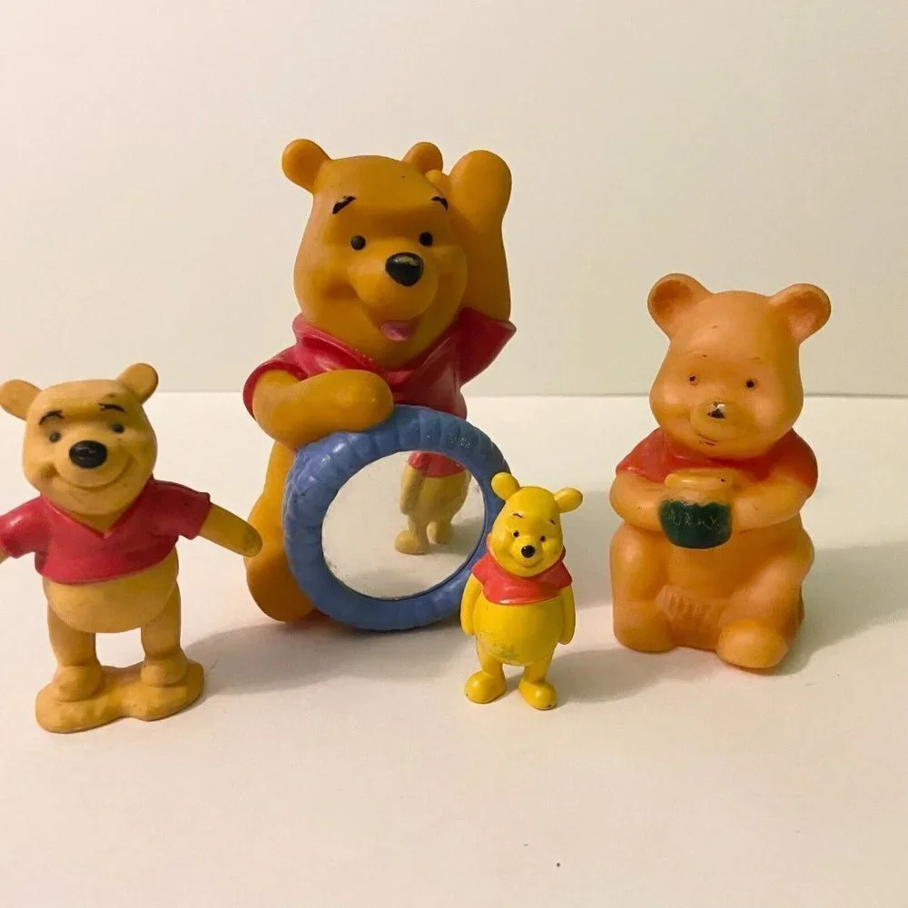 Vintage Lot of 4 Disney Winnie The Pooh Sqeak Toy Mirrorer Rattle and Figures